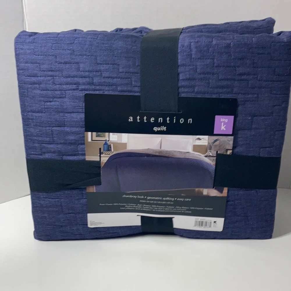 Attention Reversible Quilt King Blue Gray Chambray Look Geometric Quilting NWT